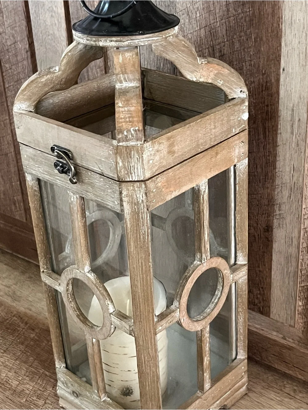 Rustic Wood and Glass Lantern with Black Metal Top - Natural